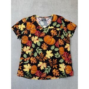 Butter-Soft Scrubs Top Large Fall Pumpkin Leaf Print Black V-Neck Nursing Shirt